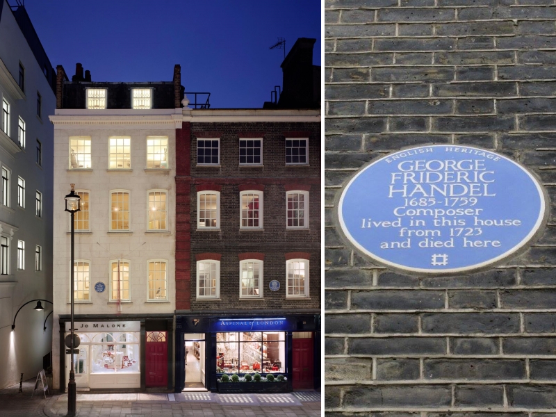 左側白色房子是韓德爾的倫敦故居，二樓牆壁上有代表名人故居的藍色標章。右側是另一位20世紀重要音樂人，美國電吉他手 James Marshall "Jimi" Hendrix的故居。（圖／翻攝自FB@Handel Hendrix House）